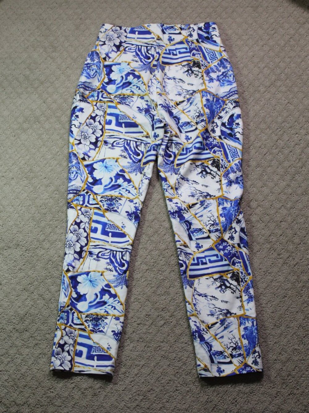 Desigual x Stella Jean Size M Blue Gold Patterned High Rise Slim Ankle Pants - Picture 2 of 7
